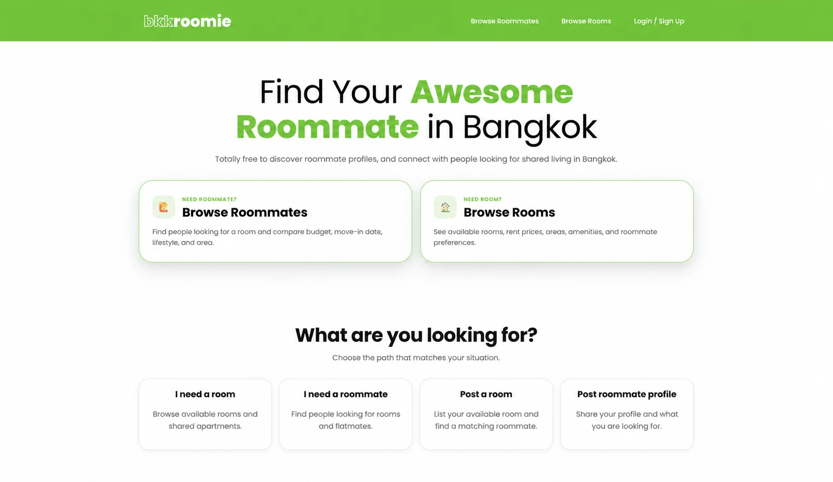 BKK Roomie landing page for finding roommates and rooms in Bangkok