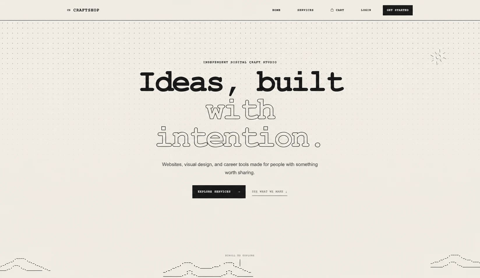 CraftShop landing page with a monochrome independent digital studio design