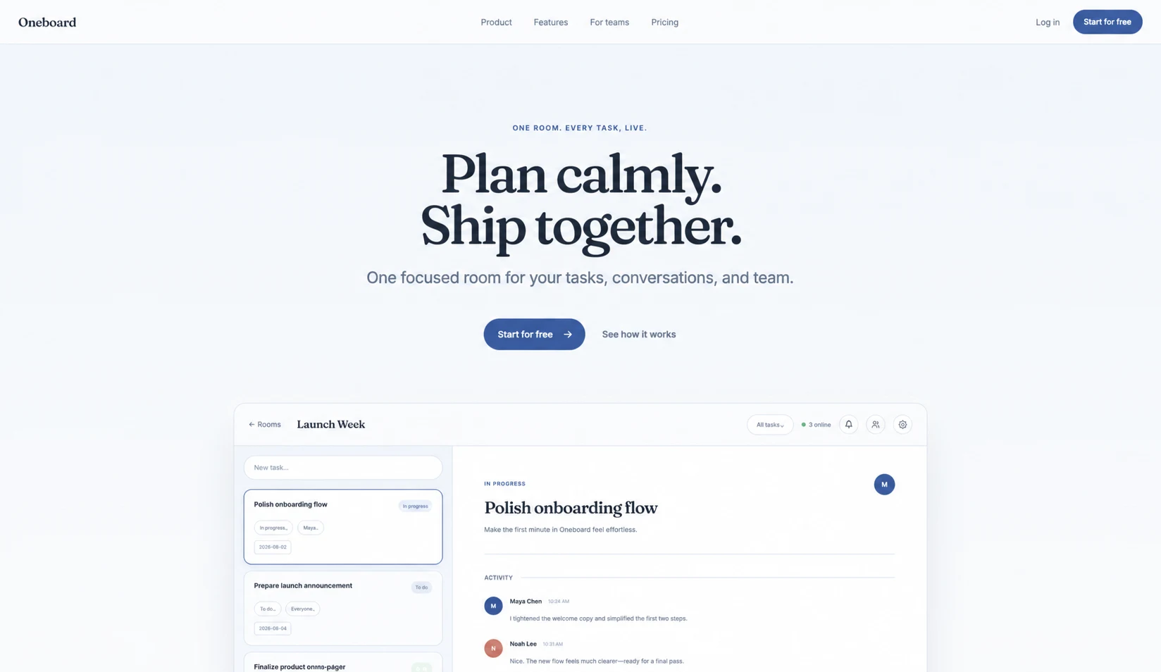 OneBoard landing page showing its collaborative productivity workspace